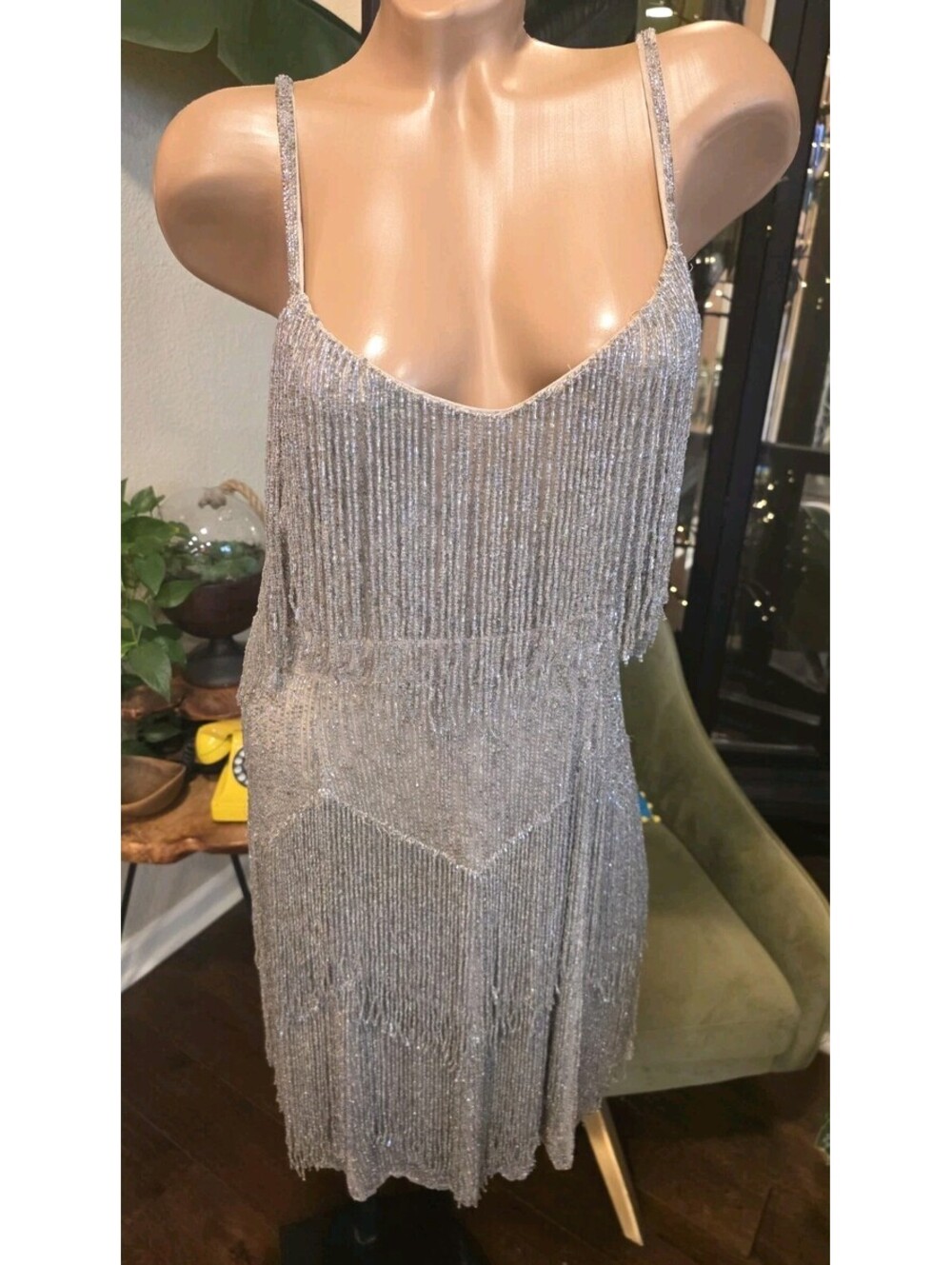 Topshop Rare Beaded Silver Fringe Flapper Mini Dress US 10 UK 14 20s